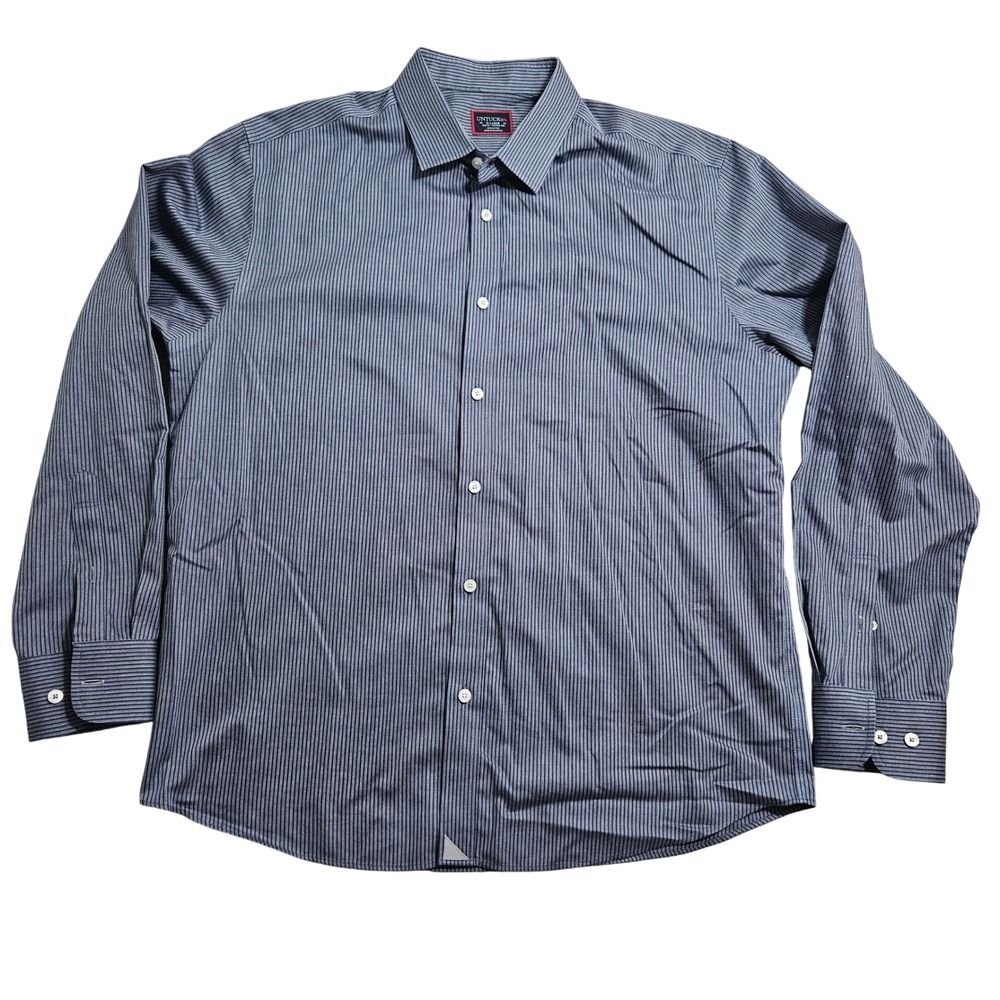 UNTUCKit Villard WF Button Down Mens XL Navy Striped Slim Fit Wrinkle Free Shirt